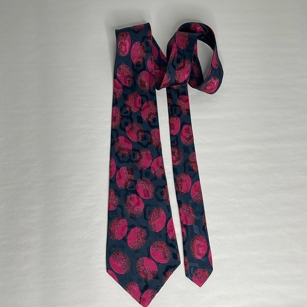 Vintage 80's Brioni Roma Navy Blue Pink Polka Dot Silk Tie Retro 4.25"X57"